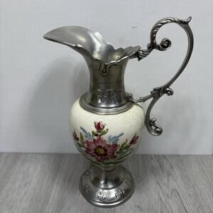 Vintage Pewter Mounted Ceramic Floral Pattern Ceramic Pitcher Made in Portugal